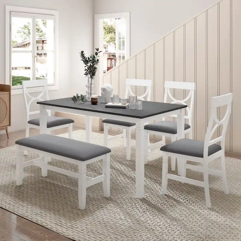 White Farmhouse 6-Piece Wooden Dining Table Set with Rectangular Table & 4 Chairs