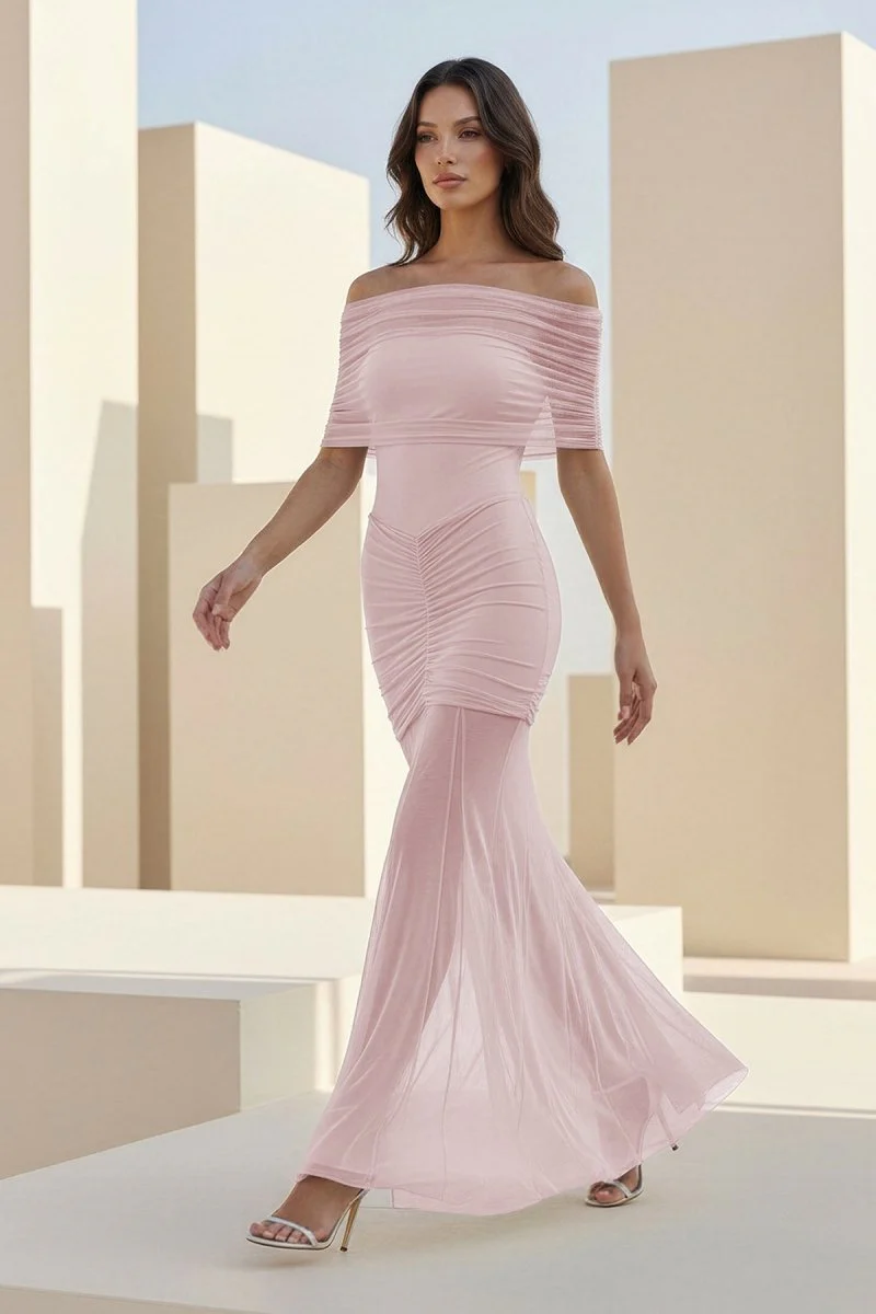 Ivory Mermaid Off The Shoulder Ruched Tulle Long Prom Dresses