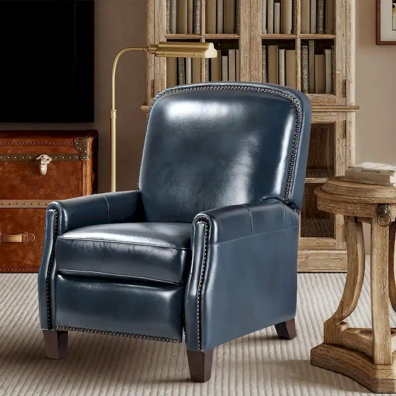 Modern Retro Genuine Leather Recliner with Nailhead Trim & Wooden Frame