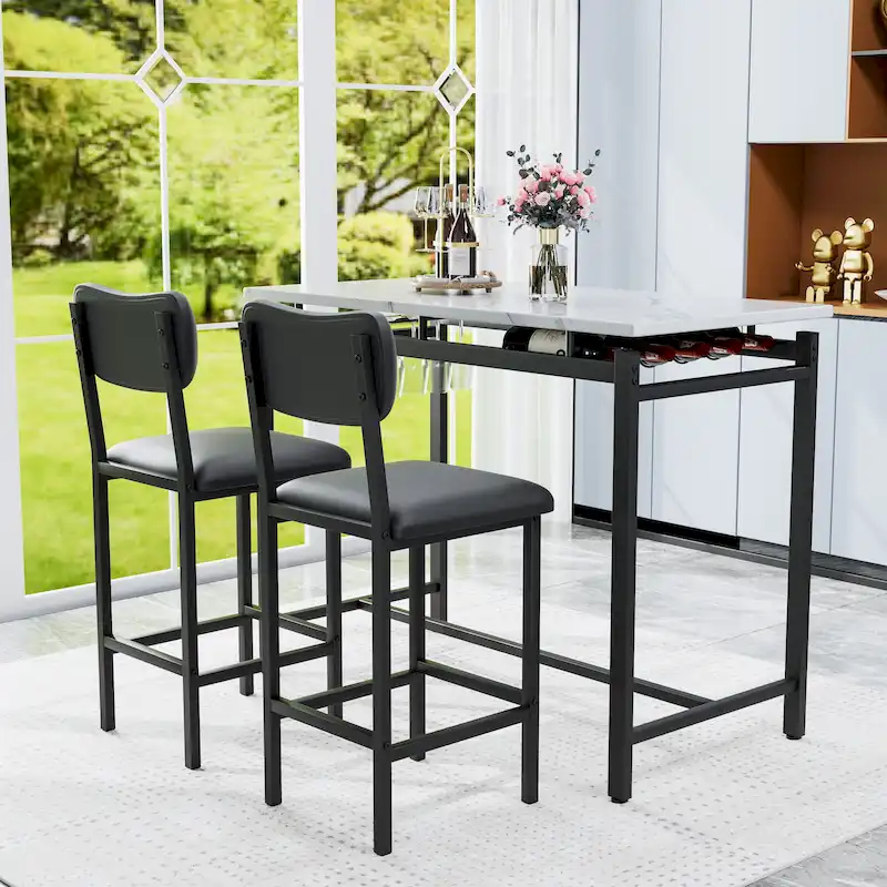White Marble-Top Bar Table Set with 2 Stools, 2-Person