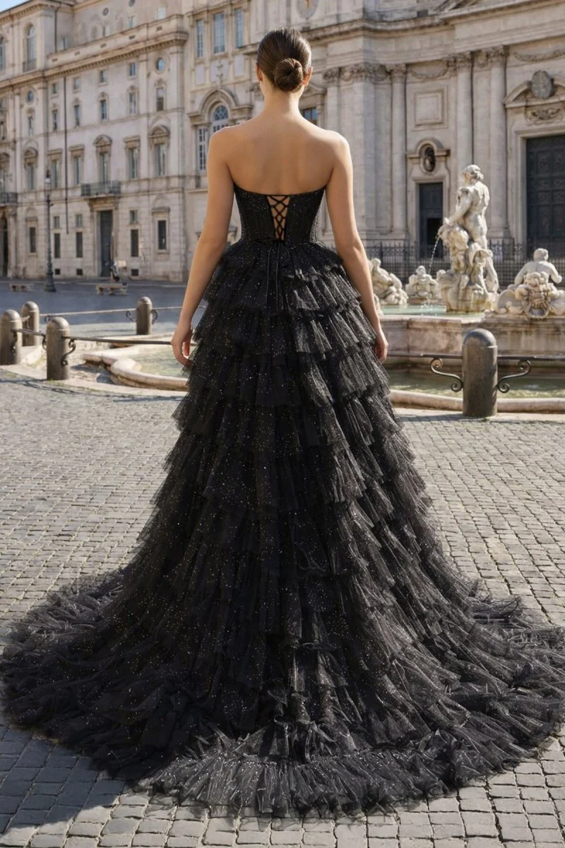 Black Strapless High Low Ruffles Tulle Prom Dress