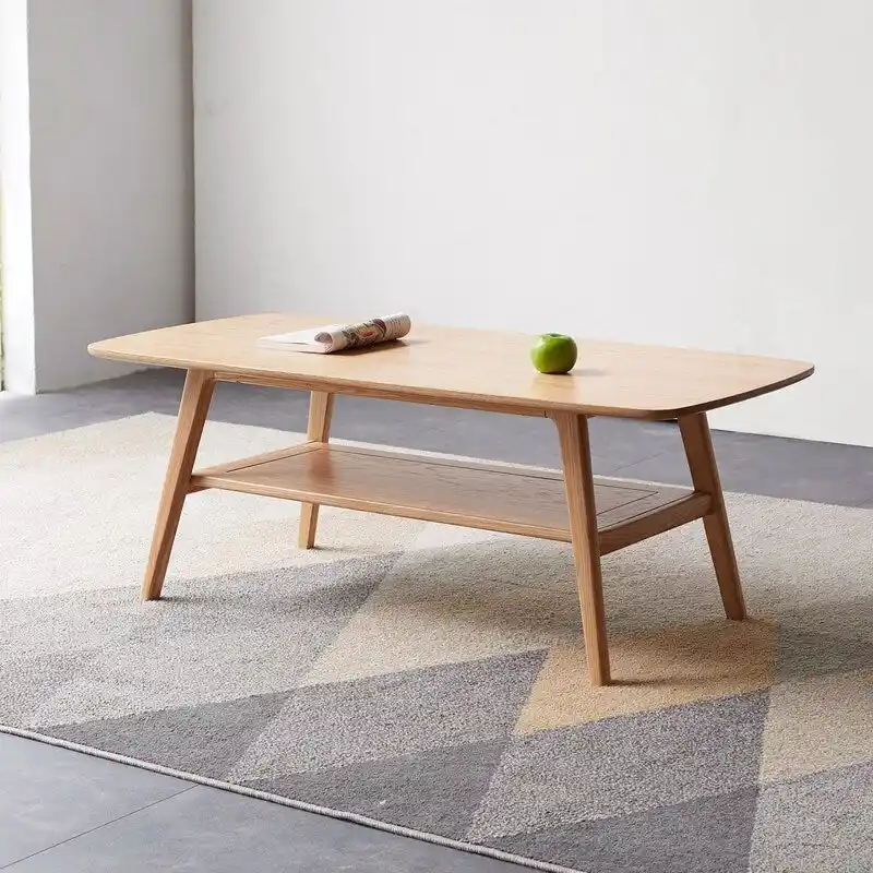 2-Tier Solid Oak Wood Coffee Table – Natural, Tapered Legs, 3 Sizes