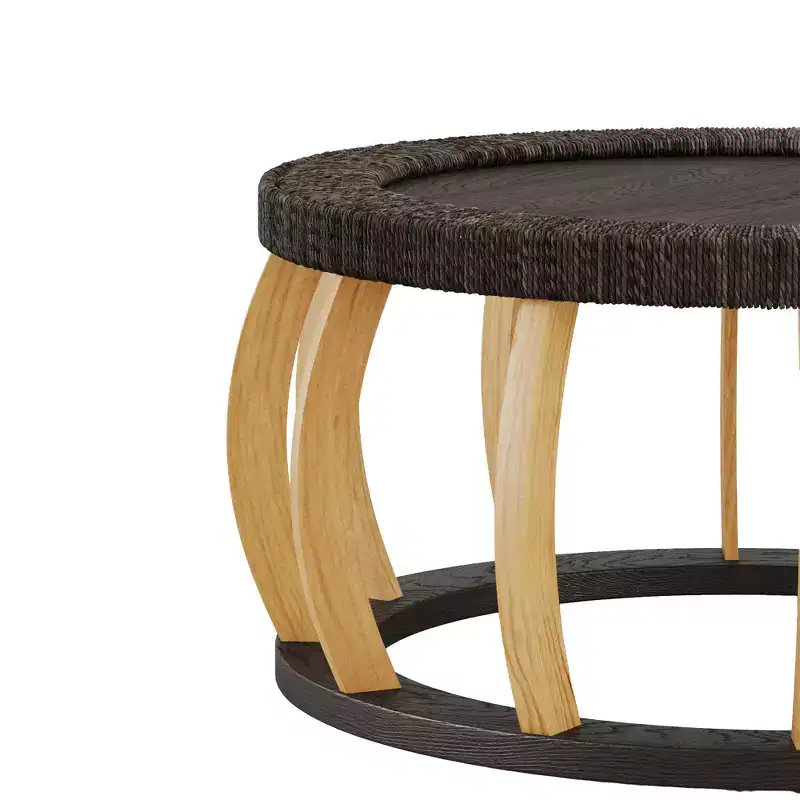 GDFStudio Olumide Bohemian Wooden Round Coffee Table with Curved Legs and Rattan Design