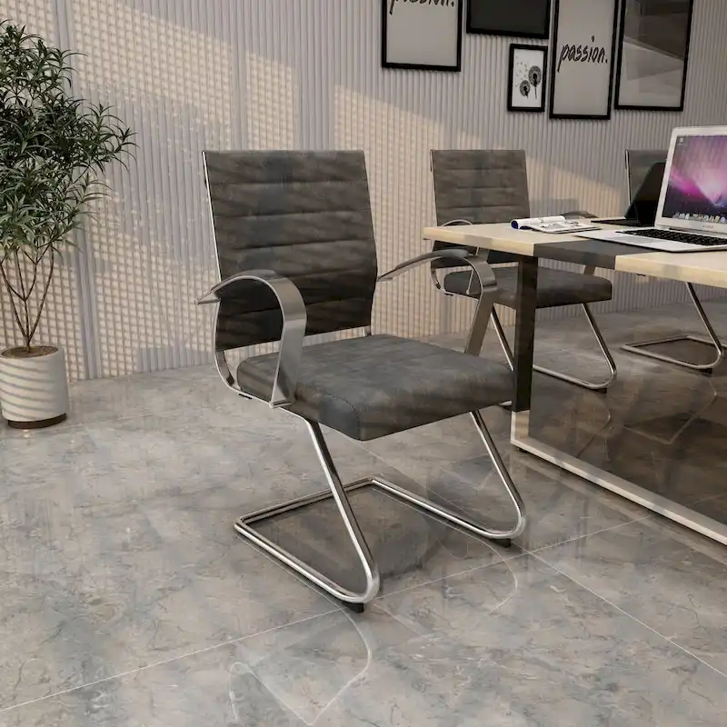 Leather Office Chair with Stainless Steel Sled Base Benmar Series by LeisureMod