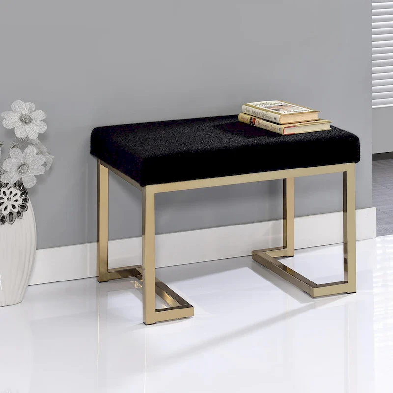 Black Fabric Ottoman with Champagne Metal Base and Hidden Storage