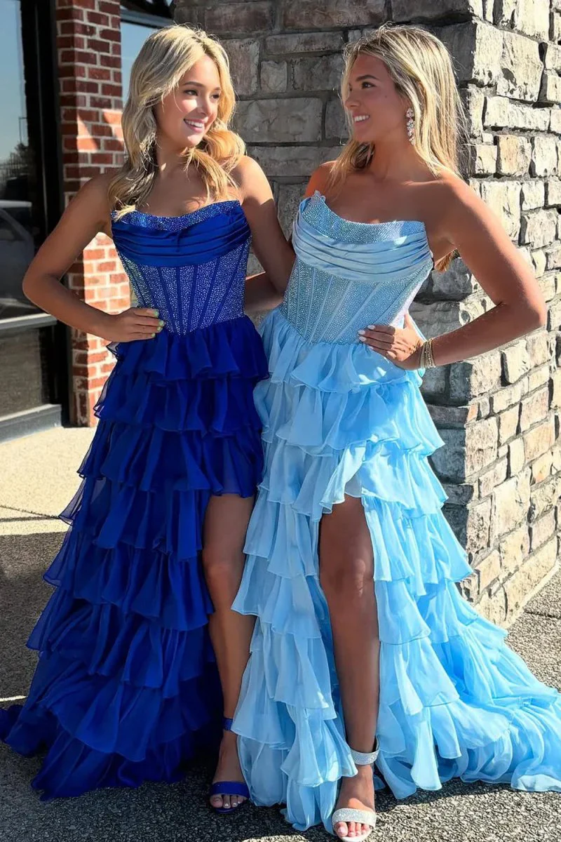 Royal Blue - A Line Strapless Chiffon Beaded Corset Long Prom Dress With Slit