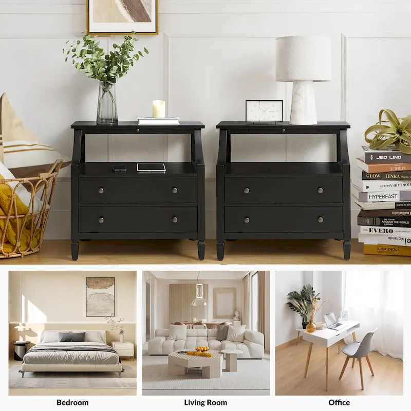 2-Drawer Nightstand with Built-In Outlets and Pull-Out Tray