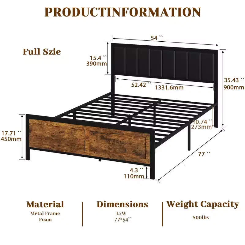Dyonery Queen Bed Frame with 4 Storage Drawers,Metal Platform Bed with Upholstered Headboard,No Box Spring Needed,Noise Free Easy Assembly Brown