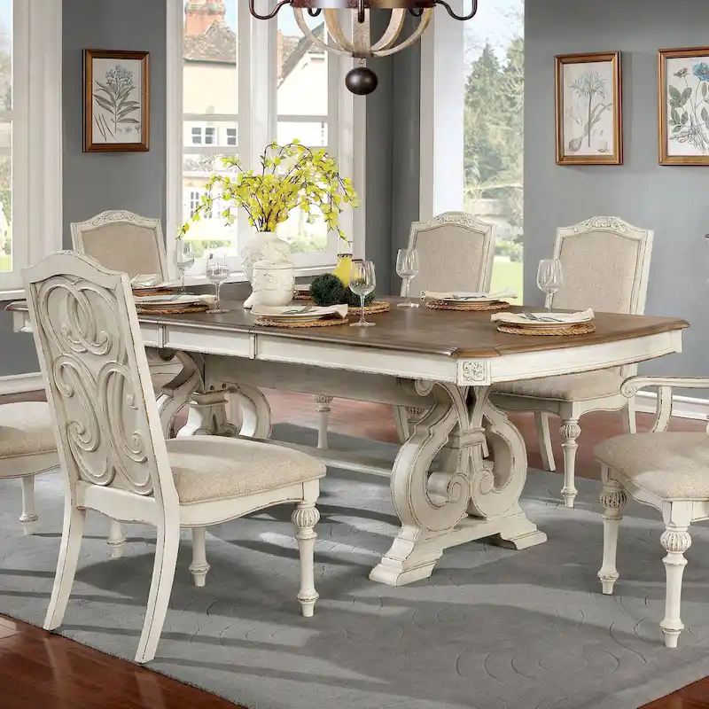 Antique White Farmhouse Pedestal Dining Table, Seats 8