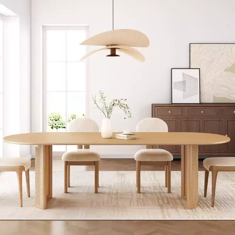 PexFix 79 Oval Dining Table for 6-8 with Arc-Shaped Edge Top and Rattan Woven Base Modern Farmhouse Kitchen Table for Living Room Dining Room Natural