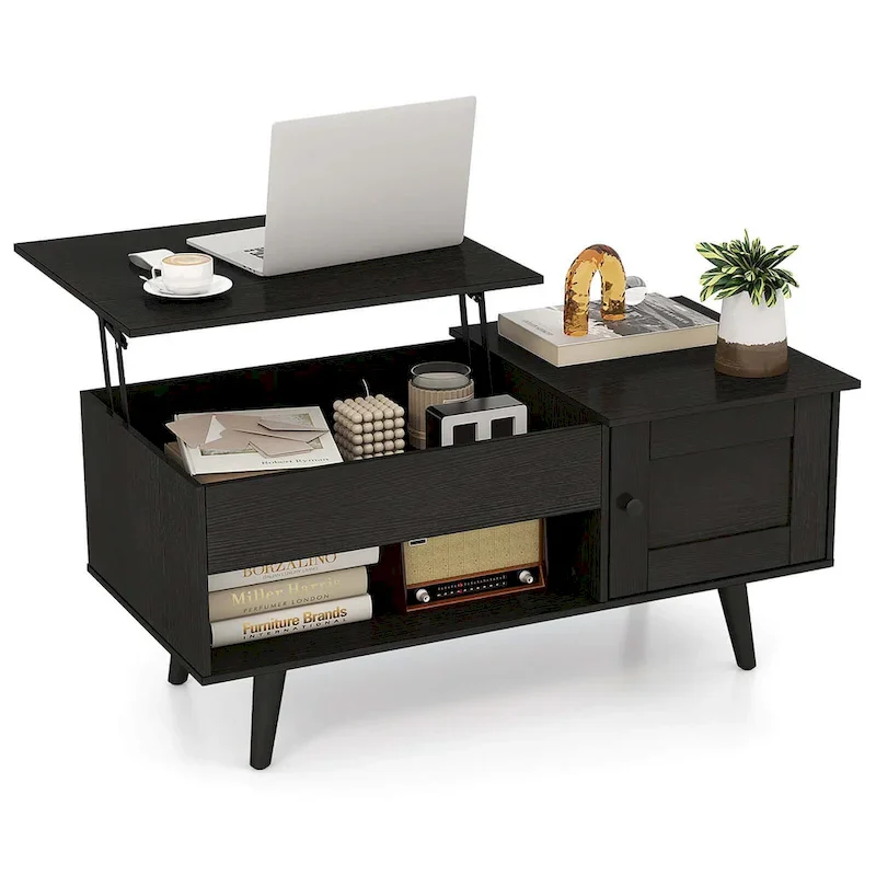 Natural / Brown Lift Top Coffee Table with Hidden Compartment & Cabinet — 1 Person