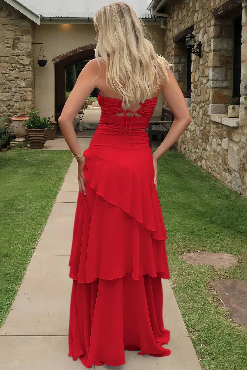 Blue - Sheath Strapless Chiffon Long Prom Dresses With Ruffles