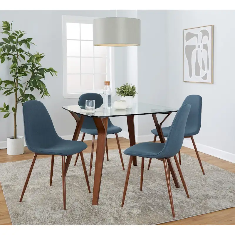 Blue/Grey Velvet & Fabric 5-Piece Square Dining Set for 4, Clear Glass & Walnut Wood