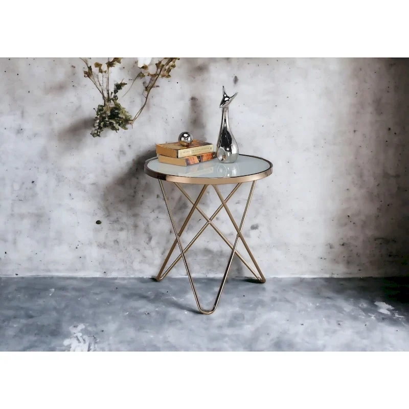 Frosted Glass Top & Champagne Finish Round End Table, with V-shaped Metal Base