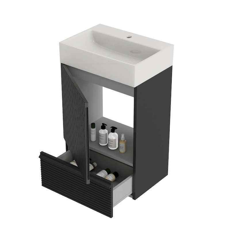 Single Sink Bathroom Vanity, Modern Grille-patterned Freestanding Vanity With Hidden Handle, Wood Bathroom Cabinet