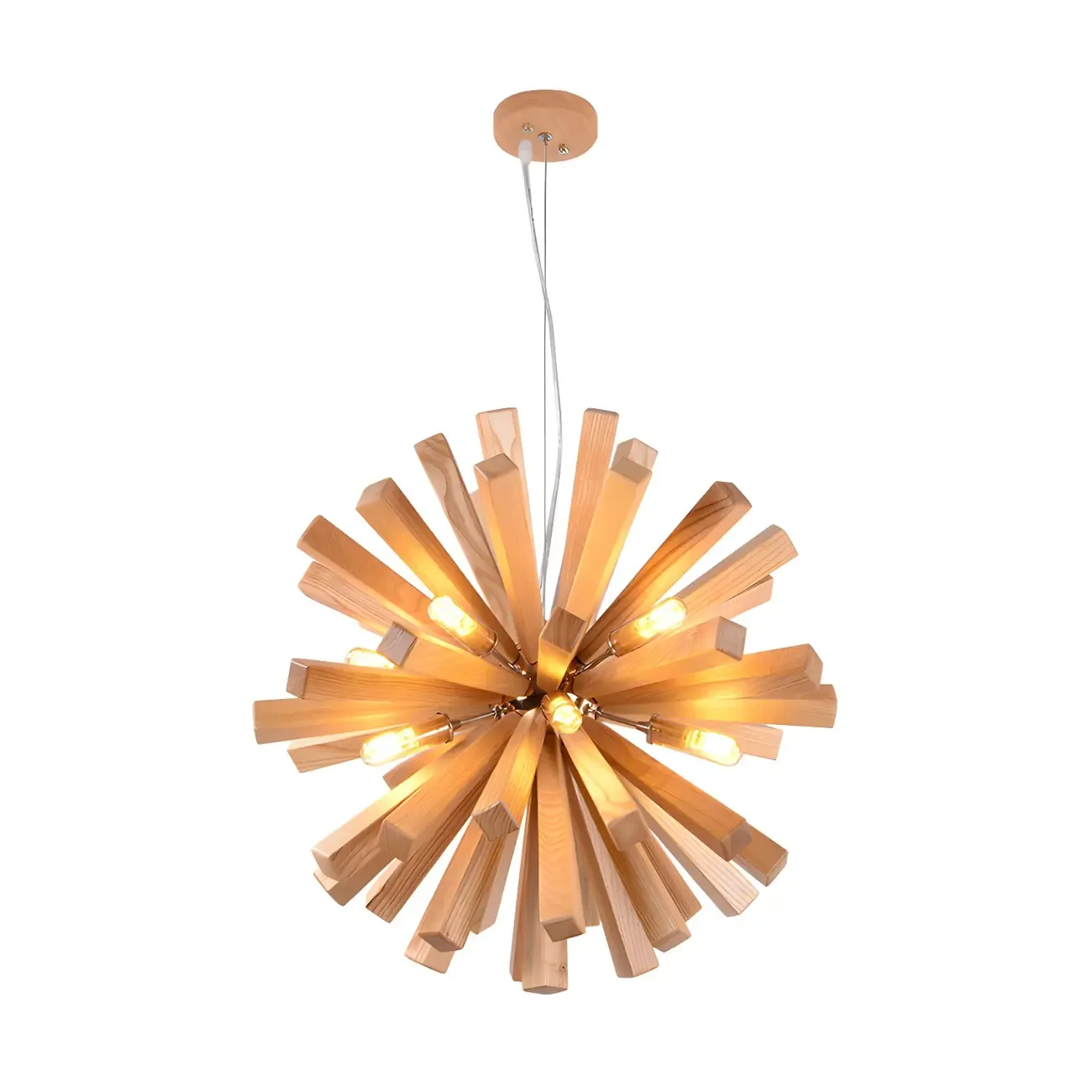 Mid-Century Modern Wood Starburst Chandelier Warm Light