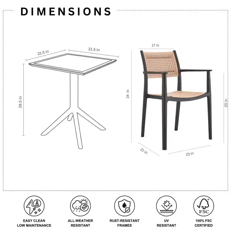 Amazonia Samba 3pc Cane Patio Bistro Set Black