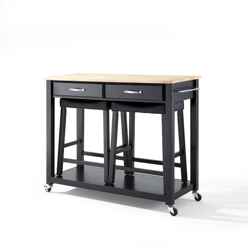 Crosley Black Natural Wood Top Kitchen Cart and Island with Black 24-inch Upholstered Saddle Stools - 17d x 43w x 35h