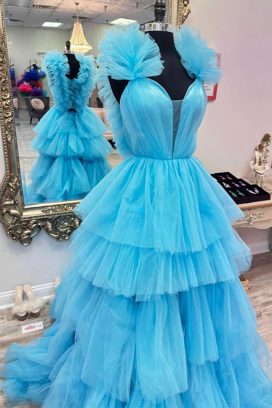 Sky Blue Ruffle Straps A-Line Tiered Prom Dress