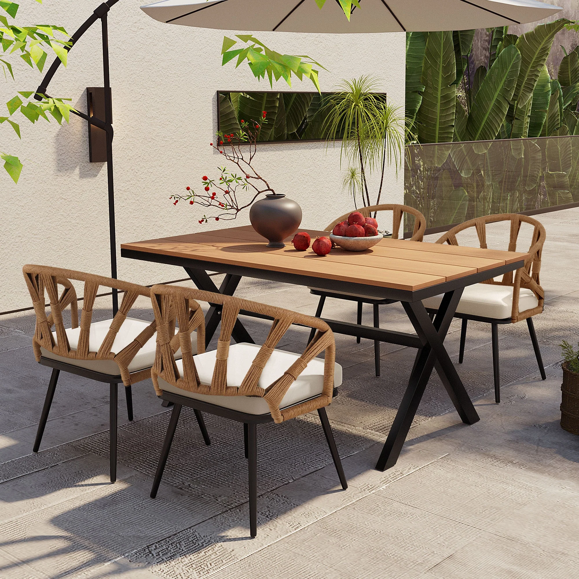 Walker Edison | U Style Contemporary Outdoor Dining Table and Chairs Set