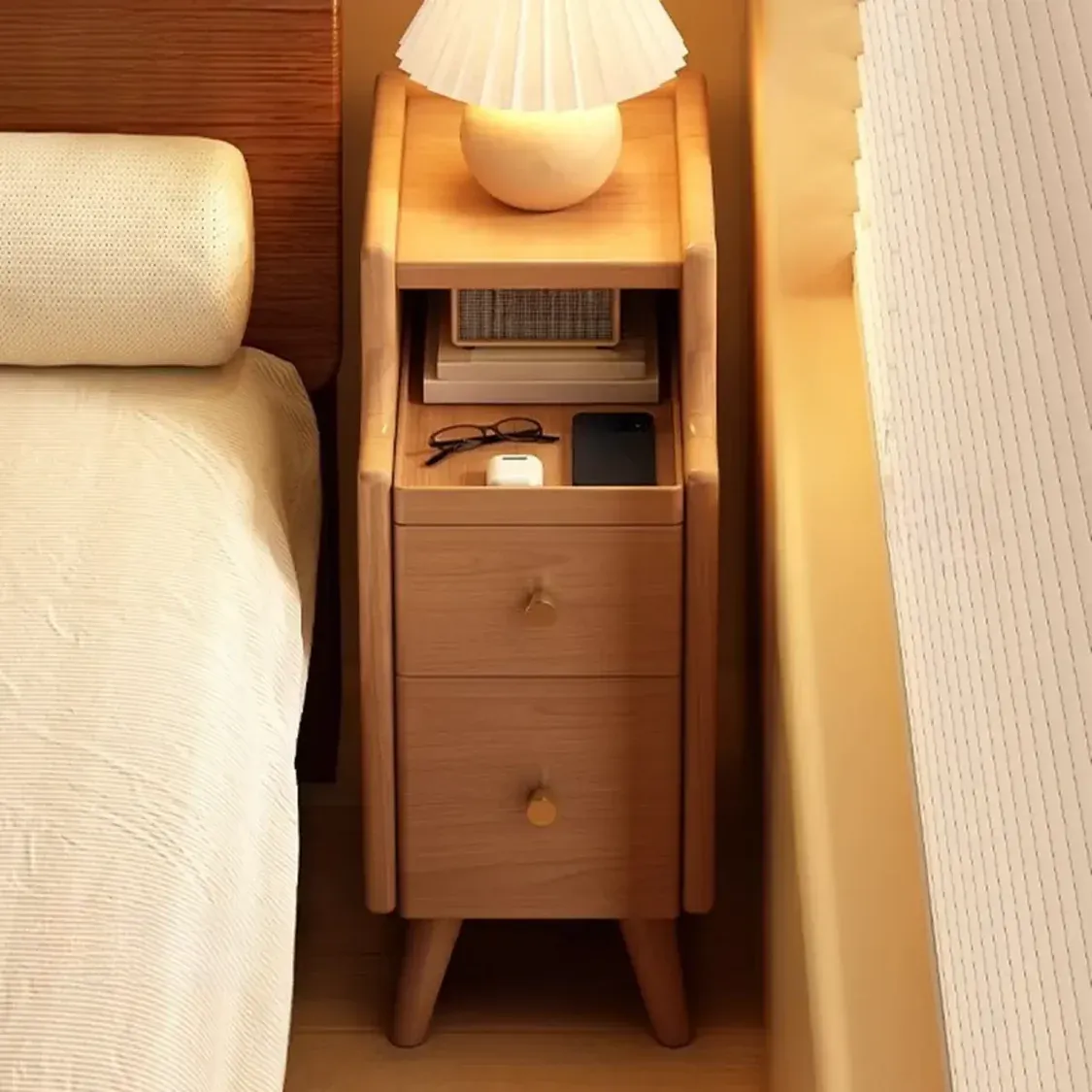 White Wood Narrow Nightstands with Drawers