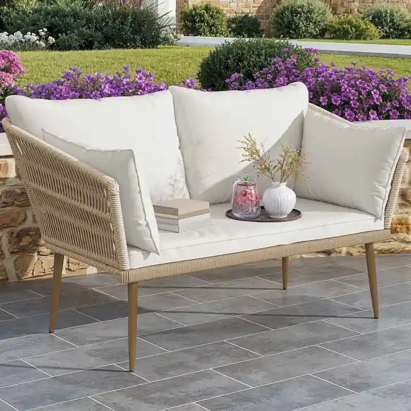 Moasis Outdoor Patio Loveseat, All-Weather Rattan 2 Seater Sofa with Cushions & Lumbar Pillows