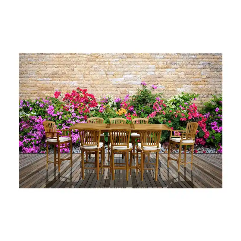 Chic Teak 9 Piece Teak Wood Orleans Bar Table/Chair Set With Cushions