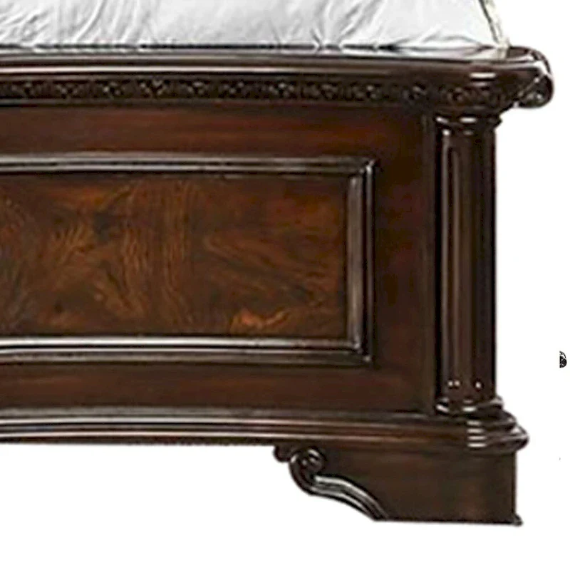 Eastern King Wooden Bed with Intricate Carved Headboard, Brown