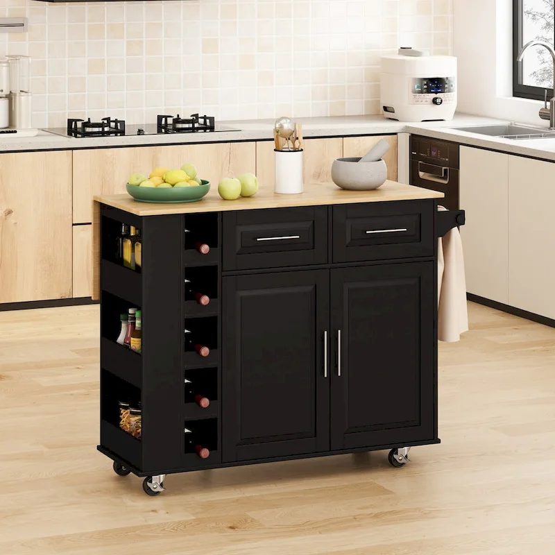Multi-Functional Kitchen Island Cart with Spice Rack, Towel Holder, Wine Rack, and Foldable Rubberwood Table Top