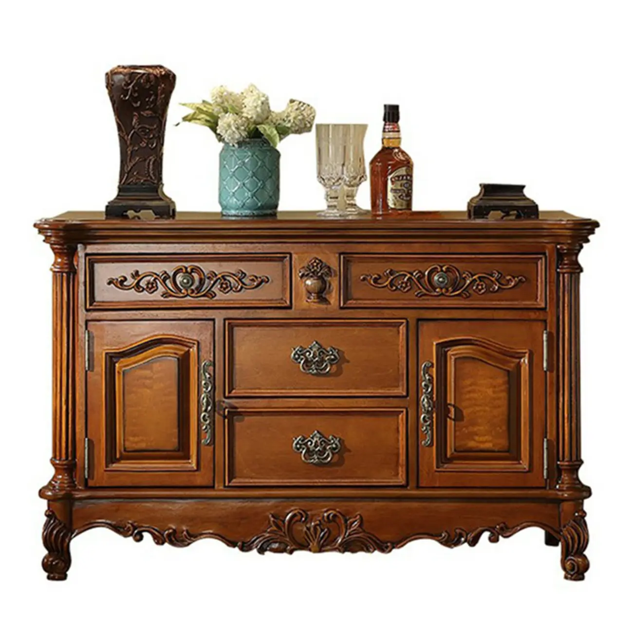 Traditional Brown Rubberwood Sideboard with Drawers