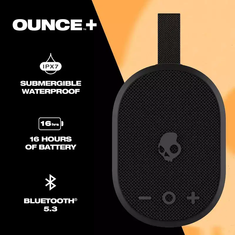 Skullcandy Ounce+ Wireless Bluetooth Speaker - IPX7 Waterproof with 16 Hour Battery, True Wireless Stereo, and Nylon Carry Strap, Black