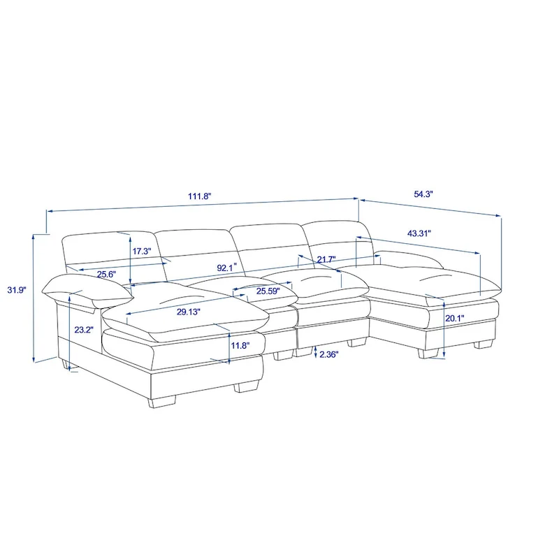 U-shaped profile sofa, including two single seats and two chaise, modular sofa, Chenille sofa