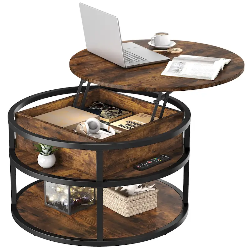 Round Lift Top Coffee Table with Hidden Storage and Shelf