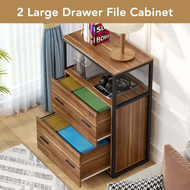 Walnut Black 2-Drawer Lateral File Cabinet with Open Shelves