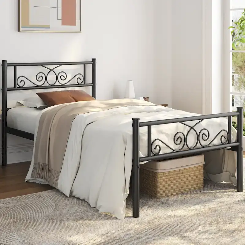 Black Iron Twin Bed Frame with Cast Metal Scroll Headboard and Footboard – 1-Person