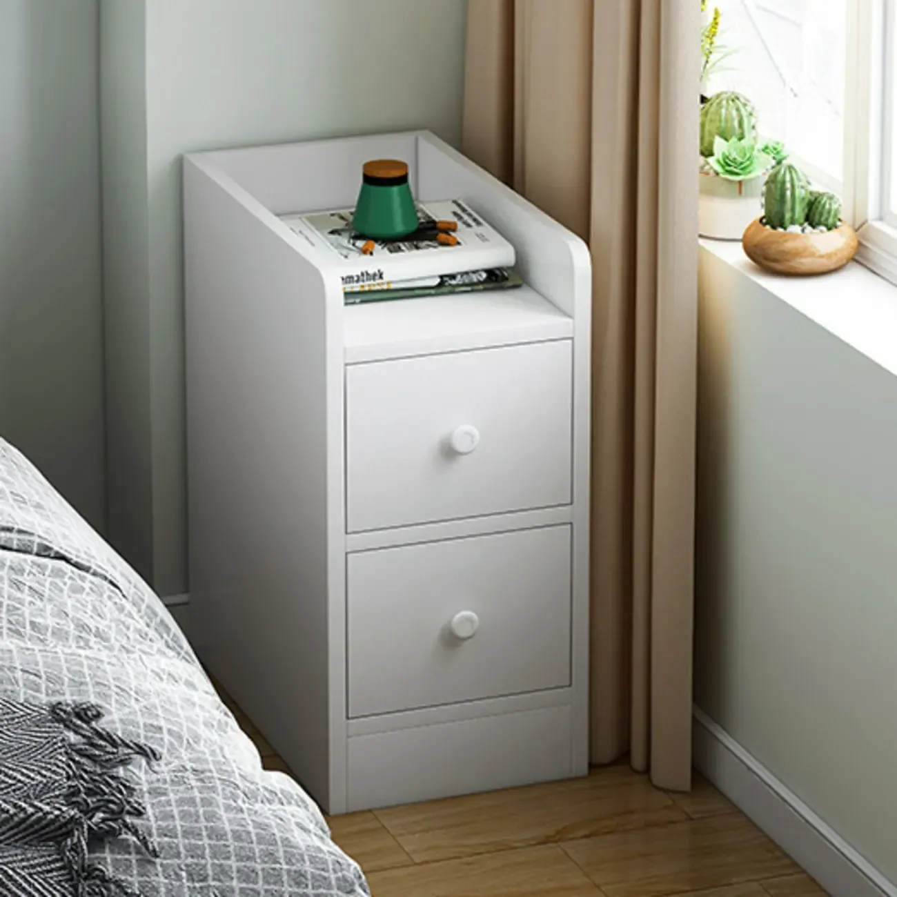 Scandinavian Wooden 2-Drawers Narrow Nightstand