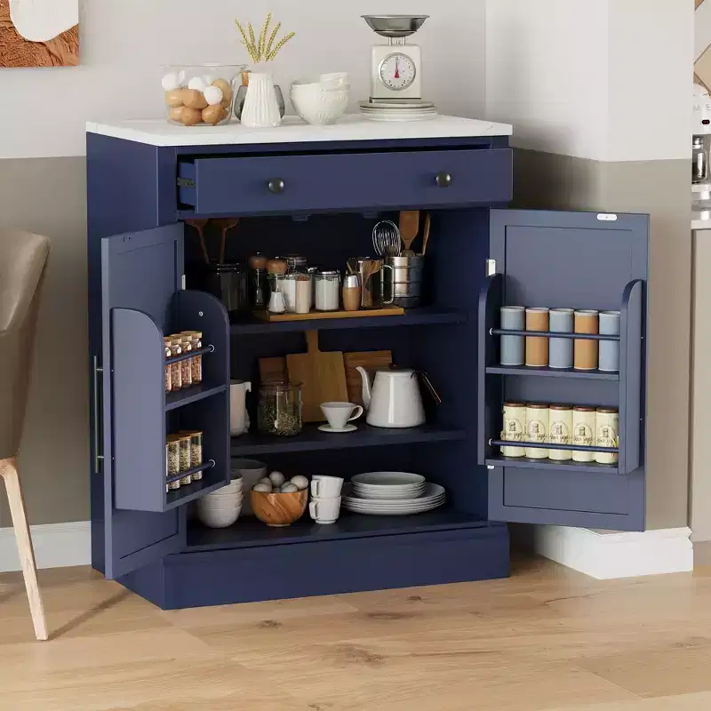 TUYOHW Freestanding Kitchen Pantry Cabinet,Sideboard Cabinet with Faux Marble Top,2 Adjustable Shelves,Pull-Out Drawer,Storage Buffet for Dining Room