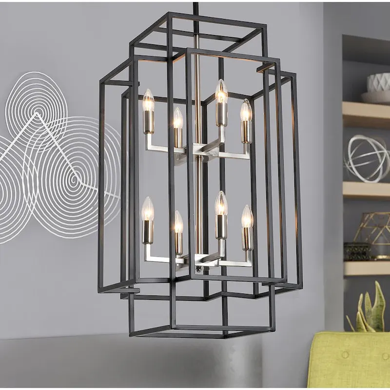 Black 8-Light Industrial Rectangle Iron Frame Pendant