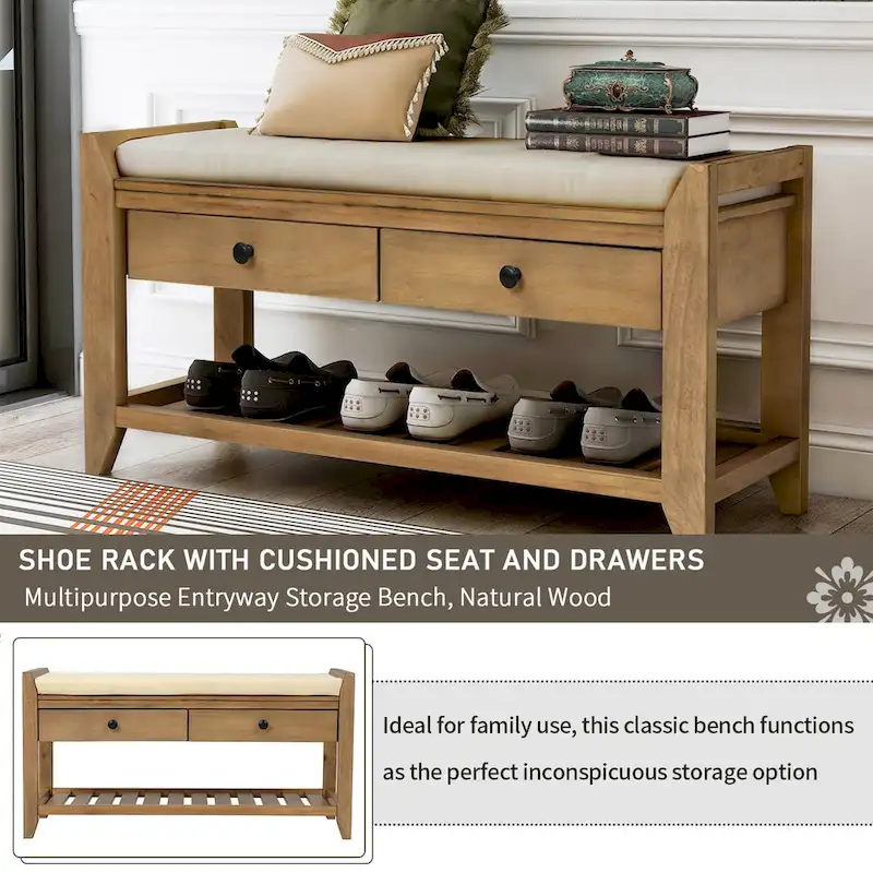 Shoe Rack with Cushioned Seat and Drawers