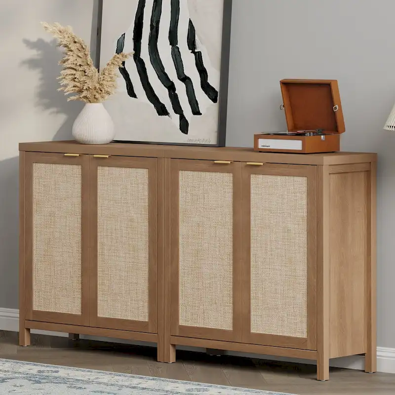 Rattan Sideboard Buffet Set of 2 with 2 Doors - N/A