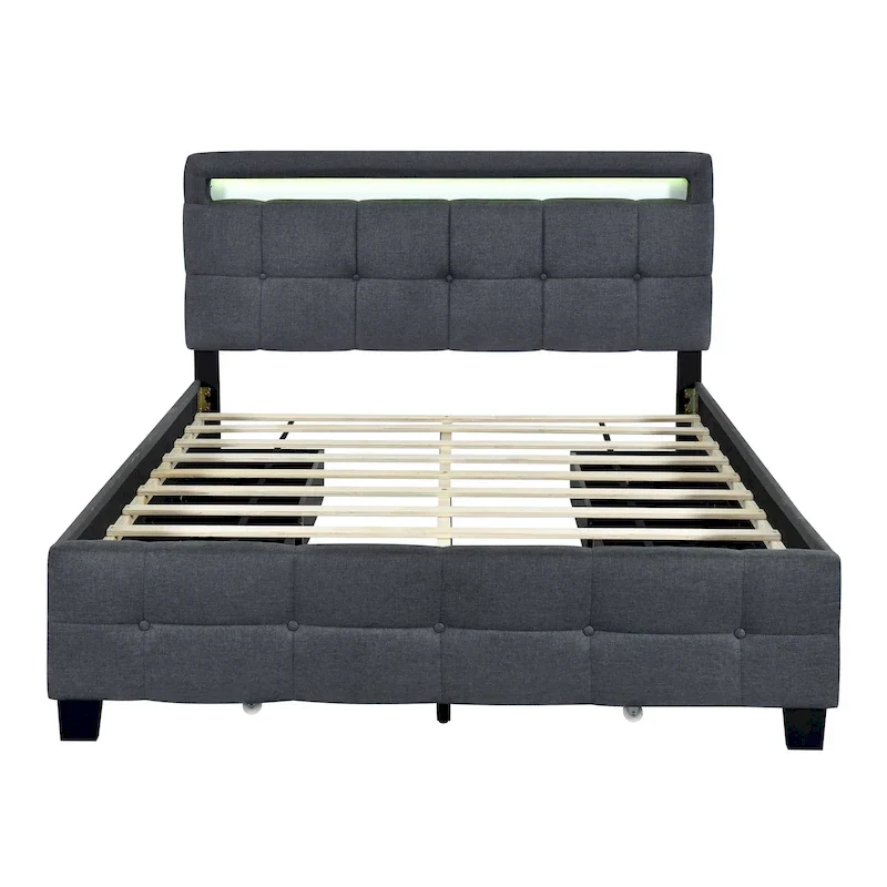 Grey/Beige Queen Upholstered Platform Bed with LED Frame & 4 Drawers, For 2