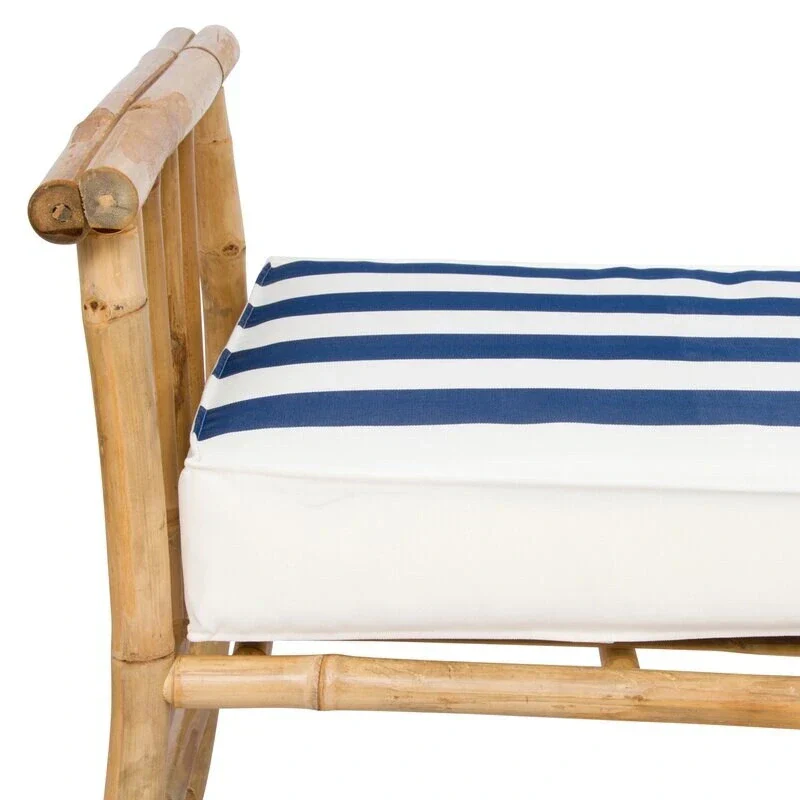 Bamboo Bench Sofa Ottoman Seat With Blue White Stripes Cushions