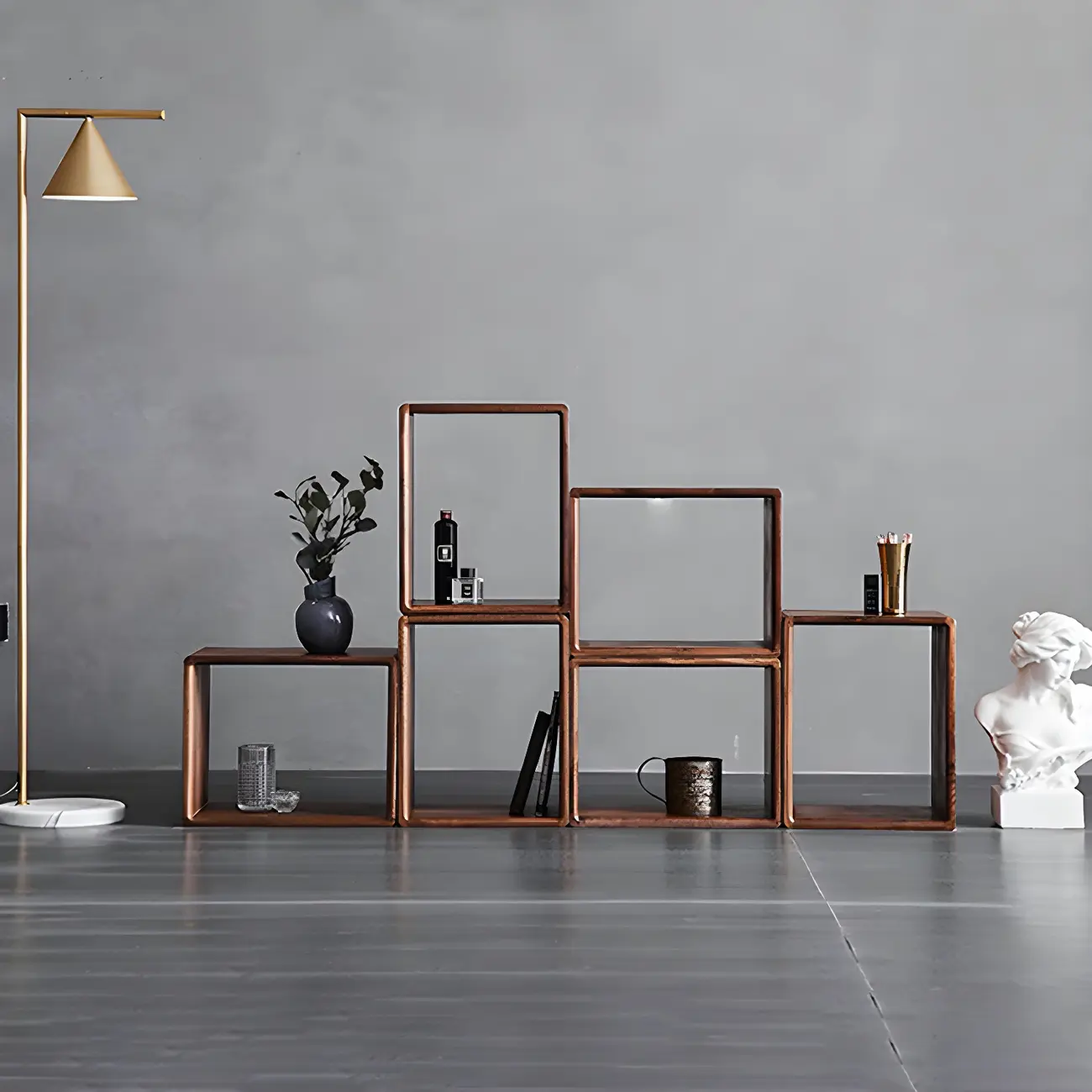 Mid-century Modern Brown Wood Cube Open Back Bookcase