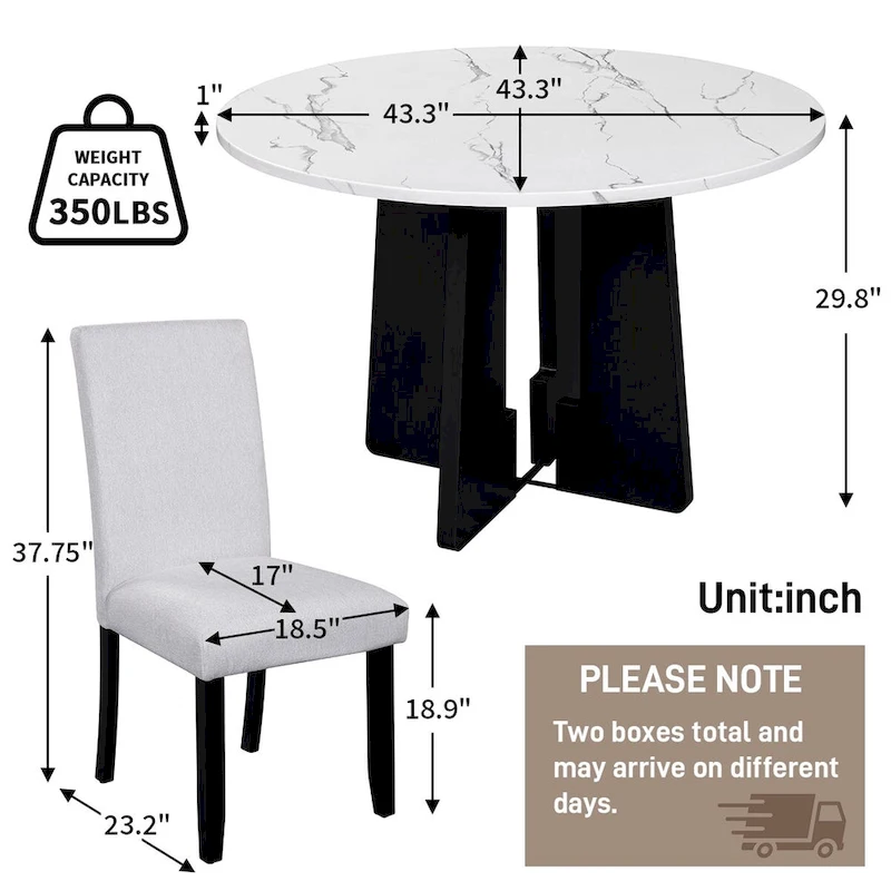 5 Piece Kitchen Table and Chairs Set, 4 People Round Dining Table Set, 4 Upholstered Chairs with Rubber Wood Legs