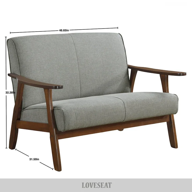 Mid-Century Modern Loveseat 2-Seater Sofa with Wooden Arms - Light Gray Linen Upholstery 46.69