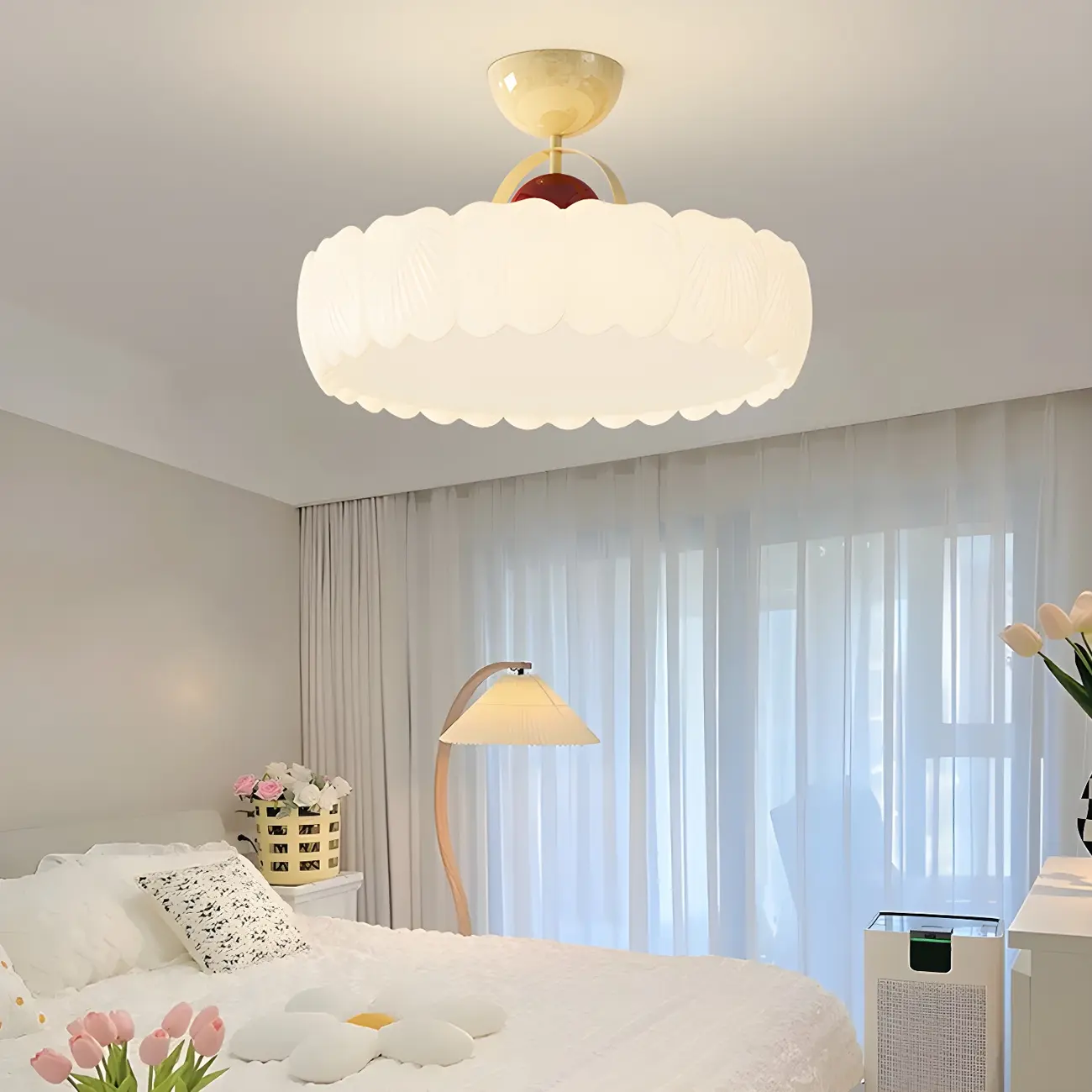 Drum Shape Beige Semi-Flush Ceiling Light with Plastic Shade