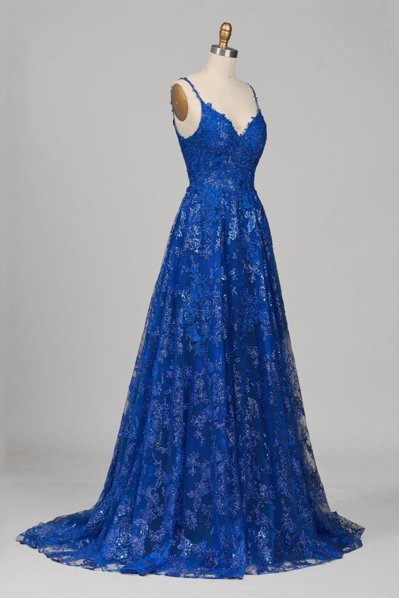 Royal Blue - A-Line Sequined Lace V Neck Long Prom Dresses