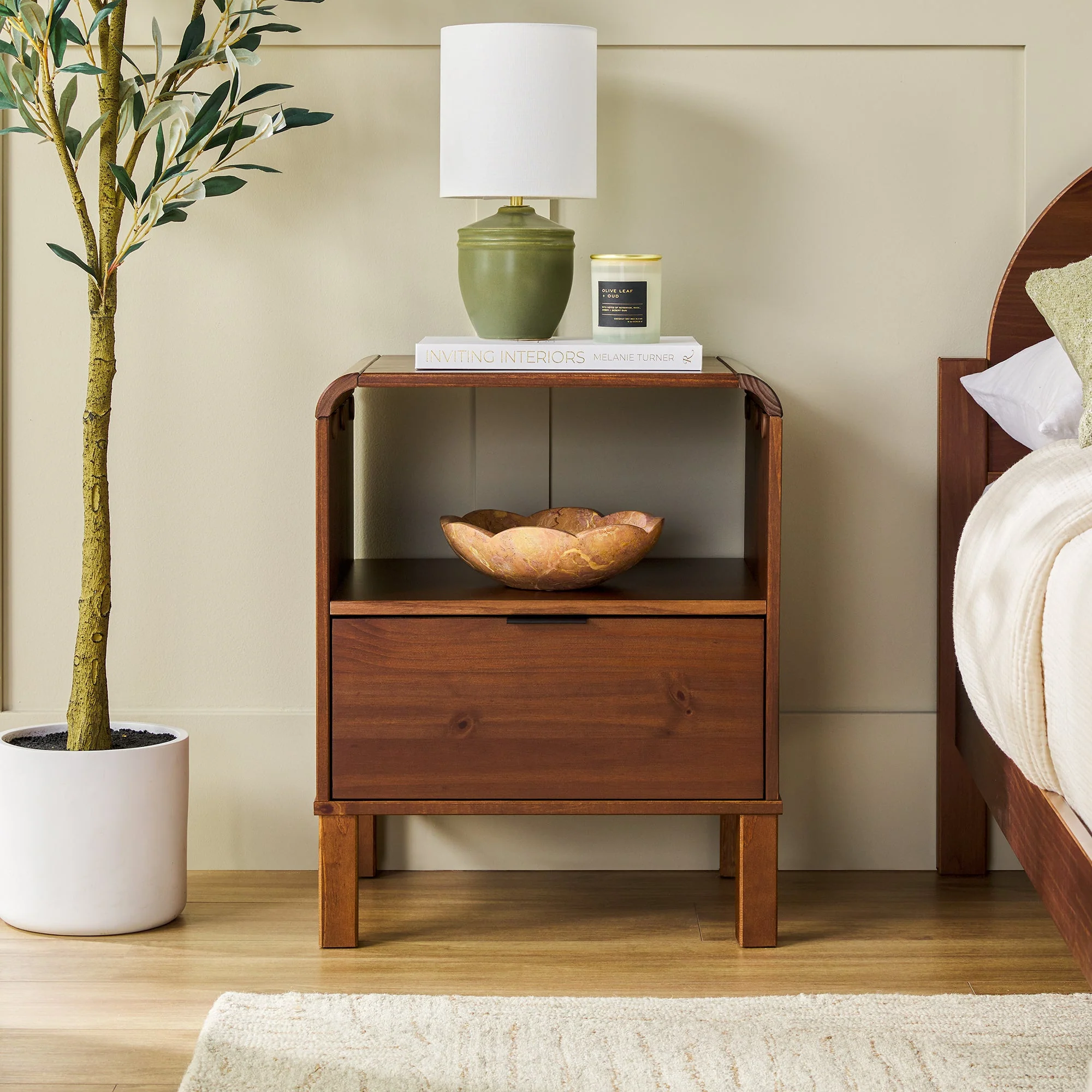 Elias Modern Curved-Frame Solid Wood Nightstand