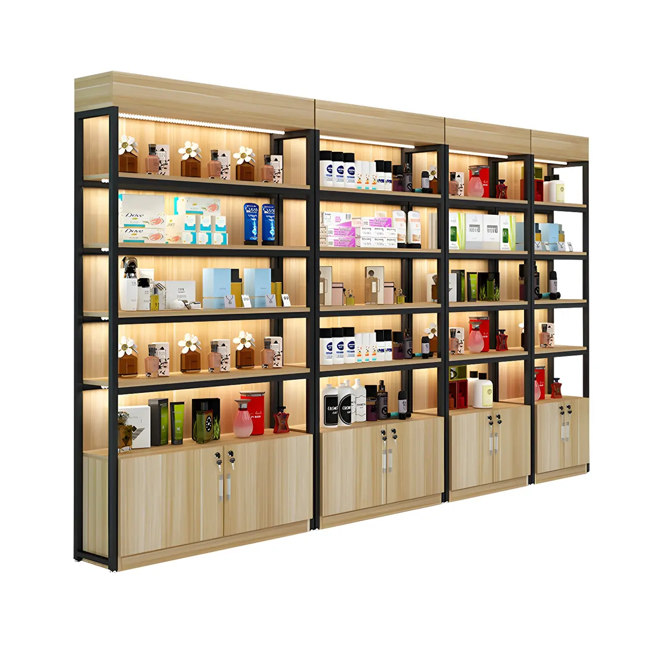 Modern Wood Open Multi-Shelf Large Display Cabinet