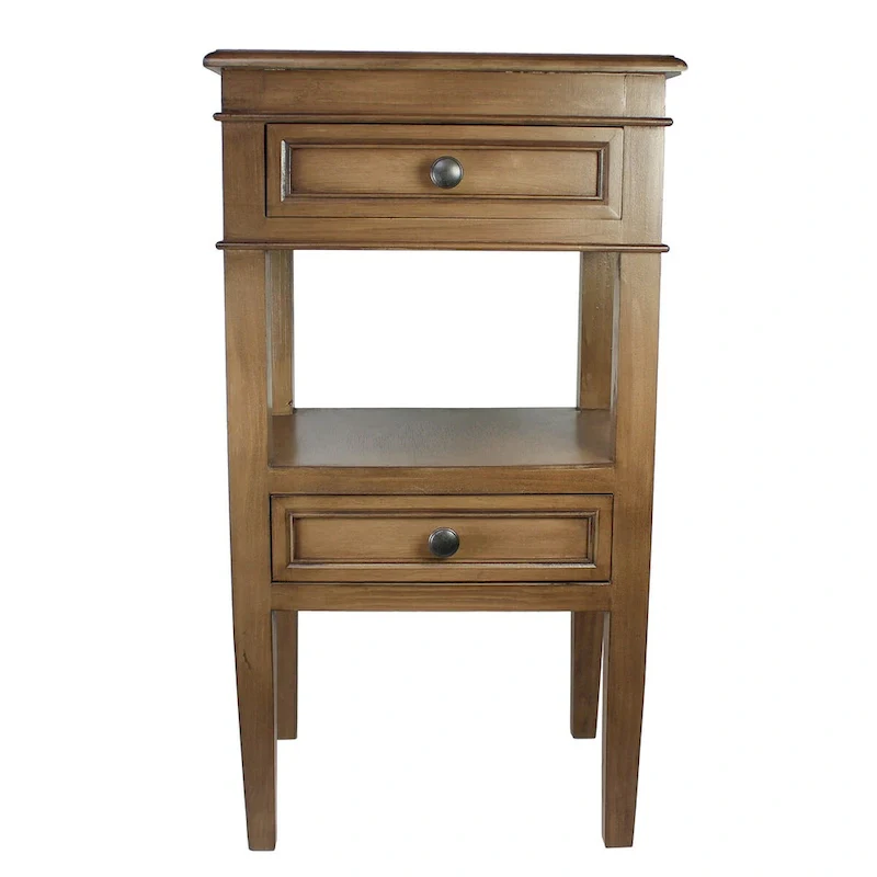 Wooden Side Table with 2 Drawers and Shelf - Antique Finish